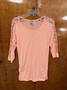 Vanity Peach Sequin Sleeve Scoop Neck Top